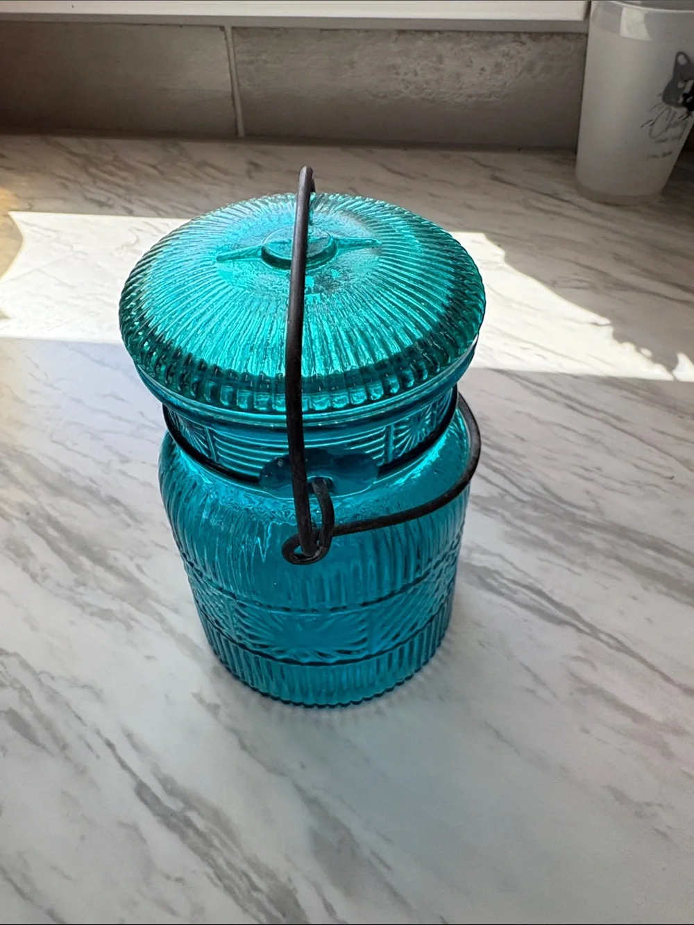 Vintage Avon Decorative Teal Glass Jar with Lid and Handle